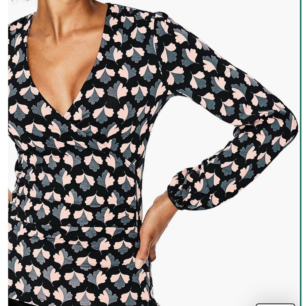 BODEN Elodie Faux-Wrap Surplice Stretch Knit Top Black Floral Print Women Size 8